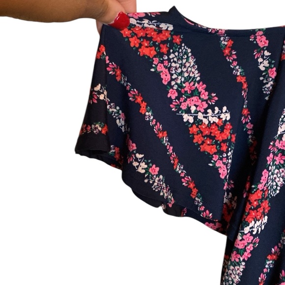 Maurice's Cold Shoulder Handkerchief Hem Navy Blue Pink Floral Midi Dress SZ 1 - Picture 4 of 15